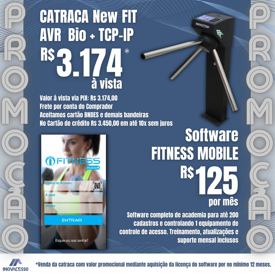 Catraca New FIT AVR Bio TCP-IP R$ 3.174,00 à vista ou 10x R$ 345,00 + Software fitness mobile R$ 125,00 por mês.